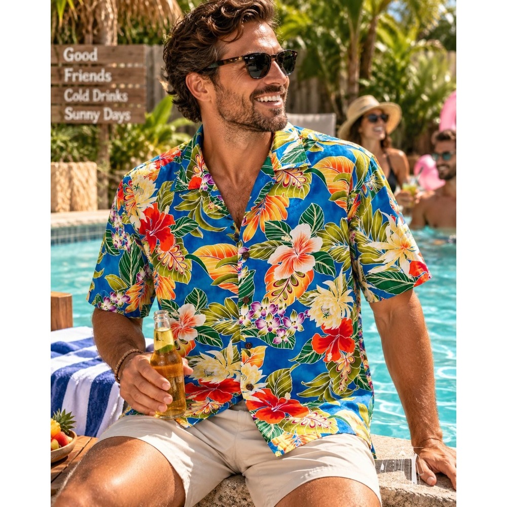 Pacific Legend Hawaiian Shirt Mens XL Blue Floral Hibiscus Cotton Made in USA EX